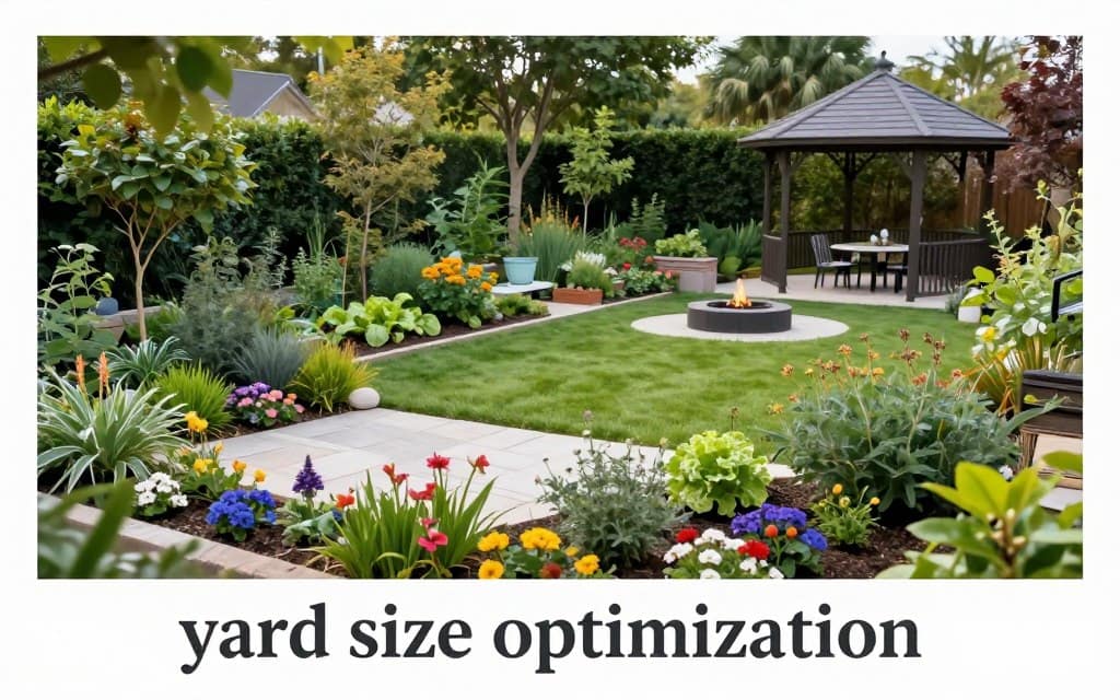 A beautifully designed landscape highlighting "yard size optimization," featuring three distinct garden layouts in a single scene. In the foreground, a cozy small yard with a compact patio area and colorful flower beds, utilizing vertical gardening techniques. The middle ground showcases a medium-sized yard with a balanced combination of open lawn space, a fire pit, and a vegetable garden, emphasizing functional outdoor living. The background reveals a larger yard with lush greenery, strategically placed trees, and a charming gazebo, creating an inviting atmosphere. Soft, natural lighting enhances the vibrant colors of the plants and gardens. The angle is slightly elevated, providing a panoramic view of the layouts, while the overall mood is tranquil and inspiring. A beautifully designed landscape highlighting "yard size optimization," featuring three distinct garden layouts in a single scene. In the foreground, a cozy small yard with a compact patio area and colorful flower beds, utilizing vertical gardening techniques. The middle ground showcases a medium-sized yard with a balanced combination of open lawn space, a fire pit, and a vegetable garden, emphasizing functional outdoor living. The background reveals a larger yard with lush greenery, strategically placed trees, and a charming gazebo, creating an inviting atmosphere. Soft, natural lighting enhances the vibrant colors of the plants and gardens. The angle is slightly elevated, providing a panoramic view of the layouts, while the overall mood is tranquil and inspiring.