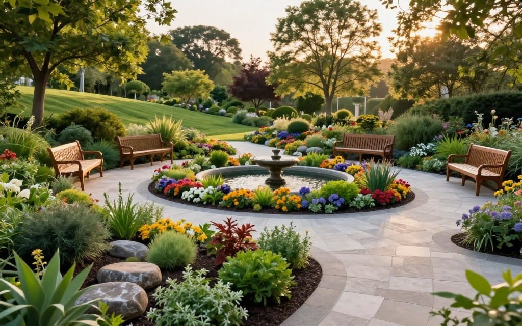 A serene garden design principles illustration for outdoor spaces, showcasing a harmonious blend of lush greenery, colorful flower beds, and structured pathways. In the foreground, include a neatly arranged herb garden with diverse plants and decorative stones. The middle ground features a central water feature, like a small pond surrounded by vibrant florals, and charming seating areas with elegant wooden benches. The background presents a gently sloping landscape with mature trees casting dappled sunlight. Golden hour lighting creates a soft, warm glow throughout the scene, enhancing the tranquil atmosphere. Capture this composition as if taken with a wide-angle lens, providing a comprehensive view that emphasizes the principles of symmetry and balance in landscape design. A serene garden design principles illustration for outdoor spaces, showcasing a harmonious blend of lush greenery, colorful flower beds, and structured pathways. In the foreground, include a neatly arranged herb garden with diverse plants and decorative stones. The middle ground features a central water feature, like a small pond surrounded by vibrant florals, and charming seating areas with elegant wooden benches. The background presents a gently sloping landscape with mature trees casting dappled sunlight. Golden hour lighting creates a soft, warm glow throughout the scene, enhancing the tranquil atmosphere. Capture this composition as if taken with a wide-angle lens, providing a comprehensive view that emphasizes the principles of symmetry and balance in landscape design.