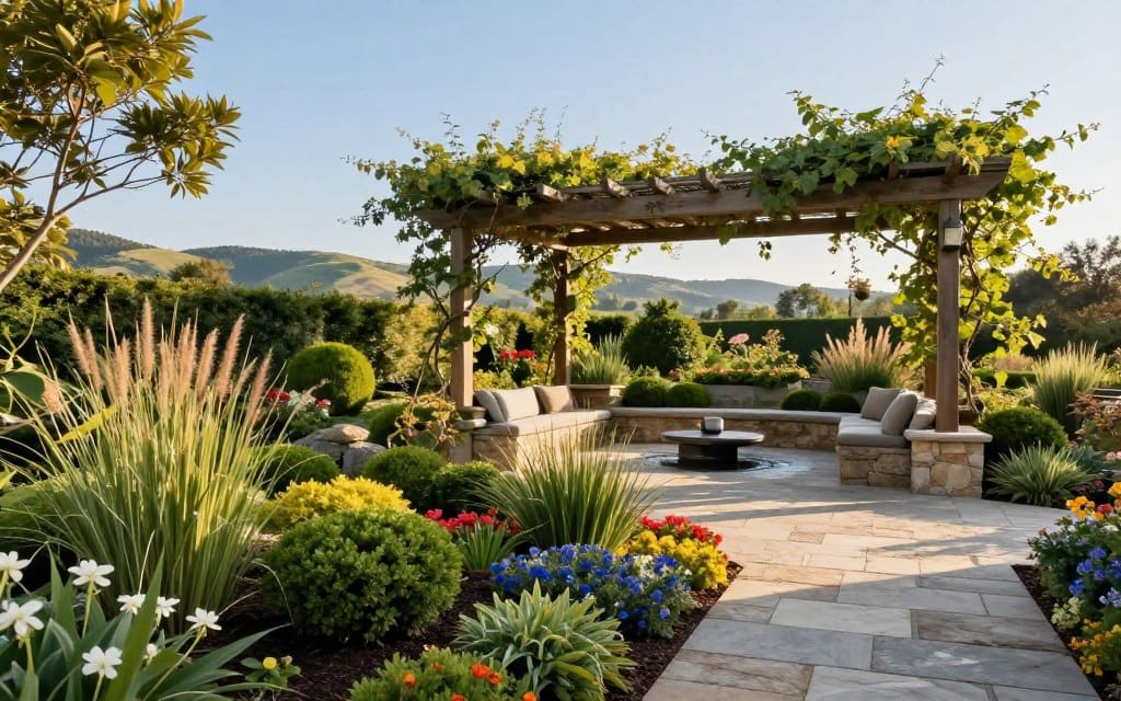 A stunning landscape design features a harmonious outdoor space that seamlessly blends nature with human elements. In the foreground, a beautifully manicured garden showcases a variety of vibrant flowers, shrubs, and ornamental grasses, leading to a cozy patio area made of natural stone. In the middle ground, an elegant wooden pergola covered in climbing vines provides shade, while a small water feature adds a tranquil sound. The background reveals rolling hills and a clear blue sky, with warm sunlight illuminating the scene, casting soft shadows. Capture the atmosphere of serenity and thoughtful planning, emphasizing the integration of natural elements with functional spaces. The composition should evoke a sense of balance and peace, highlighting effective landscape design techniques. A stunning landscape design features a harmonious outdoor space that seamlessly blends nature with human elements. In the foreground, a beautifully manicured garden showcases a variety of vibrant flowers, shrubs, and ornamental grasses, leading to a cozy patio area made of natural stone. In the middle ground, an elegant wooden pergola covered in climbing vines provides shade, while a small water feature adds a tranquil sound. The background reveals rolling hills and a clear blue sky, with warm sunlight illuminating the scene, casting soft shadows. Capture the atmosphere of serenity and thoughtful planning, emphasizing the integration of natural elements with functional spaces. The composition should evoke a sense of balance and peace, highlighting effective landscape design techniques.