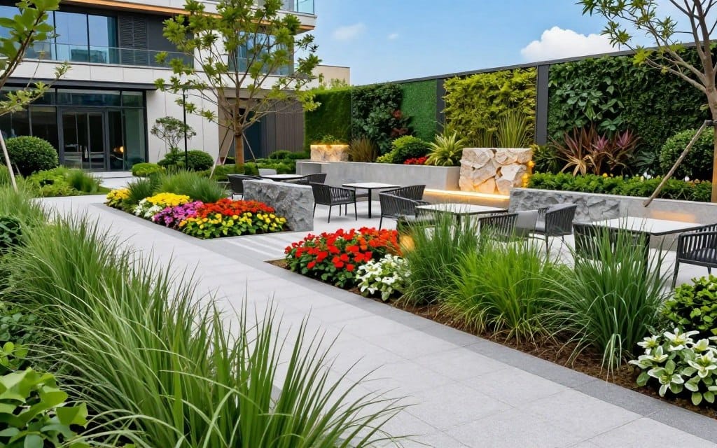 A vibrant and modern commercial landscape design, showcasing the latest trends in outdoor spaces. In the foreground, a meticulously paved pathway lined with ornamental grasses and low-maintenance shrubs leads to a stylish outdoor seating area featuring sleek furniture set against a backdrop of vibrant flower beds. The middle ground features decorative stone features and well-placed lighting, enhancing a tranquil environment. In the background, a green wall with climbing plants adds a touch of nature to a corporate building, all under a bright blue sky. The atmosphere is inviting and professional, conveying a sense of harmony between nature and architecture. The scene should be captured from a slightly elevated angle, using soft, natural lighting to highlight textures and colors. A vibrant and modern commercial landscape design, showcasing the latest trends in outdoor spaces. In the foreground, a meticulously paved pathway lined with ornamental grasses and low-maintenance shrubs leads to a stylish outdoor seating area featuring sleek furniture set against a backdrop of vibrant flower beds. The middle ground features decorative stone features and well-placed lighting, enhancing a tranquil environment. In the background, a green wall with climbing plants adds a touch of nature to a corporate building, all under a bright blue sky. The atmosphere is inviting and professional, conveying a sense of harmony between nature and architecture. The scene should be captured from a slightly elevated angle, using soft, natural lighting to highlight textures and colors.