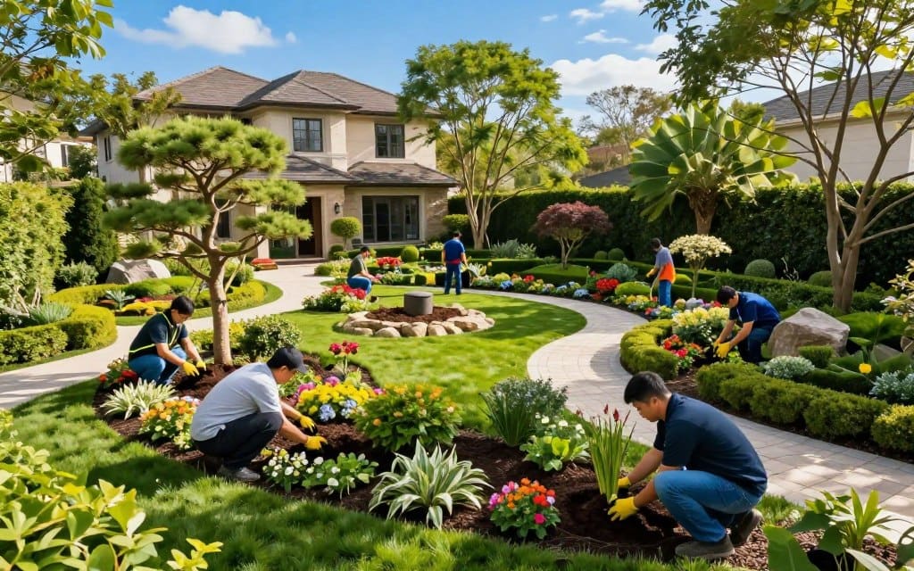 A vibrant landscape with comprehensive landscaping services in action, showcasing the diversity of professional landscape installation. In the foreground, a team of landscape professionals, wearing smart casual attire, is planting colorful flowers and shrubs, demonstrating hands-on maintenance. In the middle ground, a beautifully designed garden features a mix of ornamental trees, decorative stones, and a winding pathway. In the background, a picturesque home is framed by lush greenery and well-maintained hedges, with a bright blue sky overhead, casting warm, natural light. The scene exudes a sense of tranquility and professionalism, emphasizing the artistry and attention to detail in landscape design and maintenance, captured with a slight aerial angle for an expansive view. A vibrant landscape with comprehensive landscaping services in action, showcasing the diversity of professional landscape installation. In the foreground, a team of landscape professionals, wearing smart casual attire, is planting colorful flowers and shrubs, demonstrating hands-on maintenance. In the middle ground, a beautifully designed garden features a mix of ornamental trees, decorative stones, and a winding pathway. In the background, a picturesque home is framed by lush greenery and well-maintained hedges, with a bright blue sky overhead, casting warm, natural light. The scene exudes a sense of tranquility and professionalism, emphasizing the artistry and attention to detail in landscape design and maintenance, captured with a slight aerial angle for an expansive view.