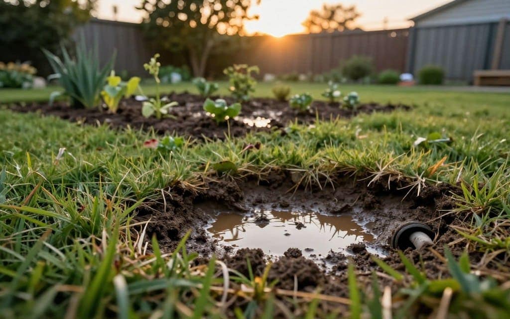 A detailed backyard scene showcasing clear signs of drainage problems. In the foreground, depict a patch of muddy soil with brown water pooling, surrounded by wilted grass. Include small drainage pipes partially visible, suggesting previous drainage efforts. In the middle ground, feature a soggy garden bed with drooping plants and visible waterlogged soil. Lush green grass can be seen, contrasting with the problematic areas. The background should include a fence and trees, partially obscured by a golden hour sunset, casting soft, warm light over the scene. Capture the mood of concern but also hope, indicating that solutions are available. Use a shallow depth of field to highlight the foreground details. A detailed backyard scene showcasing clear signs of drainage problems. In the foreground, depict a patch of muddy soil with brown water pooling, surrounded by wilted grass. Include small drainage pipes partially visible, suggesting previous drainage efforts. In the middle ground, feature a soggy garden bed with drooping plants and visible waterlogged soil. Lush green grass can be seen, contrasting with the problematic areas. The background should include a fence and trees, partially obscured by a golden hour sunset, casting soft, warm light over the scene. Capture the mood of concern but also hope, indicating that solutions are available. Use a shallow depth of field to highlight the foreground details.