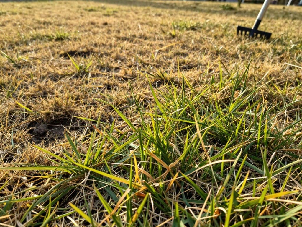 A close-up of a struggling lawn, showcasing a patchy, brownish grass area interspersed with vibrant green blades to illustrate contrasting health. In the foreground, focus on wilting grass blades, some yellowing and curling, hinting at poor hydration and soil health. In the middle ground, include scattered dry patches and signs of soil compaction, such as imprints from foot traffic. The background features a sunny sky casting warm, soft light, enhancing the texture of the grass. Add hints of garden tools like an aerator positioned thoughtfully on the side, emphasizing a solution to the problem. Capture a peaceful, yet concerning atmosphere, with a shallow depth of field to draw attention to the lawn's distress while keeping the image inviting and informative. A close-up of a struggling lawn, showcasing a patchy, brownish grass area interspersed with vibrant green blades to illustrate contrasting health. In the foreground, focus on wilting grass blades, some yellowing and curling, hinting at poor hydration and soil health. In the middle ground, include scattered dry patches and signs of soil compaction, such as imprints from foot traffic. The background features a sunny sky casting warm, soft light, enhancing the texture of the grass. Add hints of garden tools like an aerator positioned thoughtfully on the side, emphasizing a solution to the problem. Capture a peaceful, yet concerning atmosphere, with a shallow depth of field to draw attention to the lawn's distress while keeping the image inviting and informative.