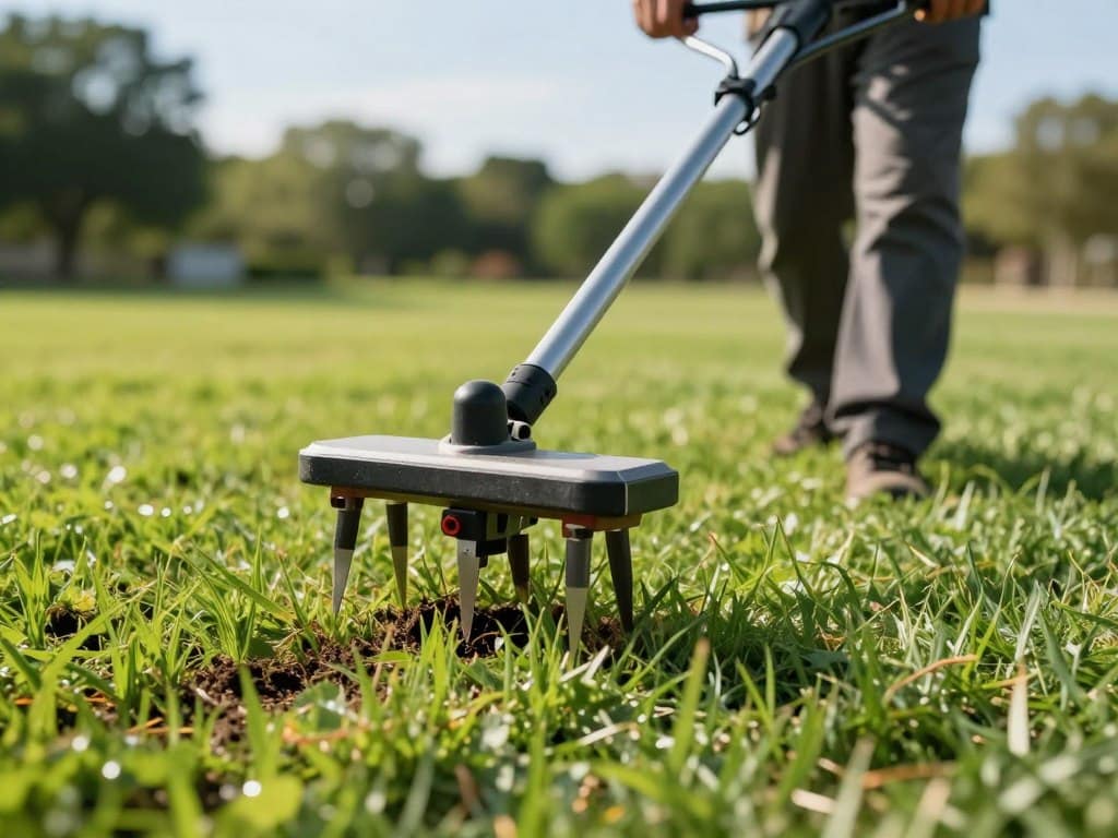 A detailed close-up of lawn aeration equipment set in a green, healthy lawn. In the foreground, highlight a high-quality gas-powered lawn aerator, showcasing its sharp, metal spikes designed to penetrate soil. The middle section should feature the operator, a professional in modest casual clothing, demonstrating the use of the machine on a vibrant patch of grass. The background should be filled with lush, well-maintained turf, with a clear blue sky and soft, natural sunlight creating a warm atmosphere. Capture a slight depth of field to emphasize the aerator while softly blurring the distant trees. The overall mood conveys care and maintenance, underscoring the importance of aeration for lawn health. A detailed close-up of lawn aeration equipment set in a green, healthy lawn. In the foreground, highlight a high-quality gas-powered lawn aerator, showcasing its sharp, metal spikes designed to penetrate soil. The middle section should feature the operator, a professional in modest casual clothing, demonstrating the use of the machine on a vibrant patch of grass. The background should be filled with lush, well-maintained turf, with a clear blue sky and soft, natural sunlight creating a warm atmosphere. Capture a slight depth of field to emphasize the aerator while softly blurring the distant trees. The overall mood conveys care and maintenance, underscoring the importance of aeration for lawn health.