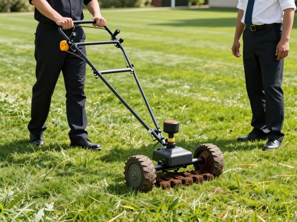 A high-quality photo of a professional lawn care team operating a commercial core aerator on a vibrant green lawn, removing soil plugs on a sunny day, realistic landscaping equipment. A high-quality photo of a professional lawn care team operating a commercial core aerator on a vibrant green lawn, removing soil plugs on a sunny day, realistic landscaping equipment.