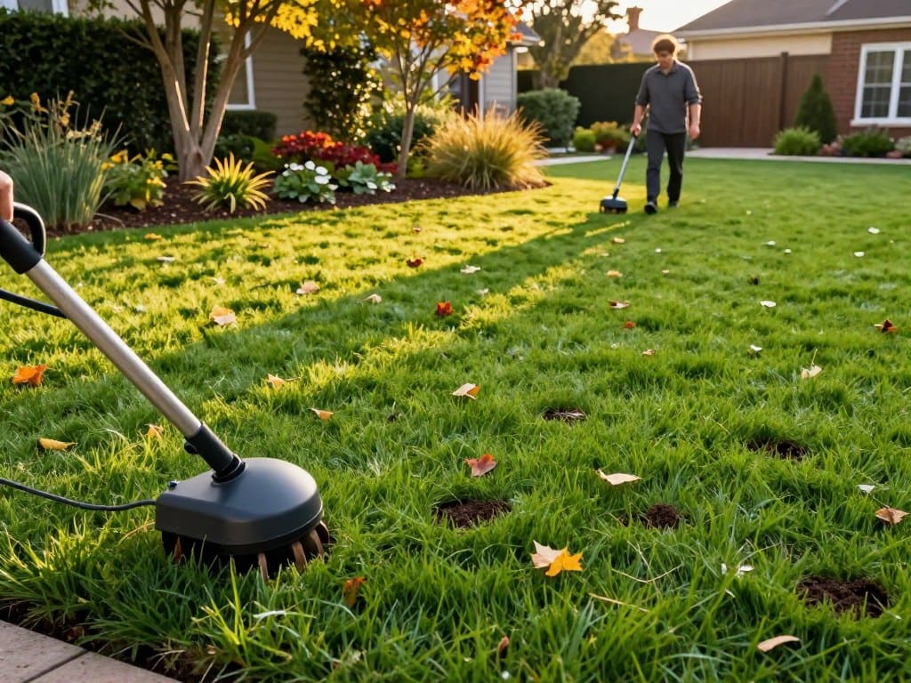 A lush, green lawn is the focal point, showcasing healthy grass interspersed with freshly aerated soil plugs. In the foreground, a close-up view of an aerator machine demonstrates the aeration process. The middle layer features a landscape dotted with autumn leaves, indicating the best time for aeration, under soft golden hour lighting that casts warm, inviting tones. In the background, a residential garden with well-maintained flower beds and trees adds depth, creating a serene atmosphere. The image should evoke a sense of care for the environment and the importance of lawn maintenance, with a professional individual in modest casual attire inspecting the lawn, embodying expertise in lawn care. The shot is taken with a wide-angle lens, capturing both the details of the aeration process and the beauty of the healthy lawn. A lush, green lawn is the focal point, showcasing healthy grass interspersed with freshly aerated soil plugs. In the foreground, a close-up view of an aerator machine demonstrates the aeration process. The middle layer features a landscape dotted with autumn leaves, indicating the best time for aeration, under soft golden hour lighting that casts warm, inviting tones. In the background, a residential garden with well-maintained flower beds and trees adds depth, creating a serene atmosphere. The image should evoke a sense of care for the environment and the importance of lawn maintenance, with a professional individual in modest casual attire inspecting the lawn, embodying expertise in lawn care. The shot is taken with a wide-angle lens, capturing both the details of the aeration process and the beauty of the healthy lawn.