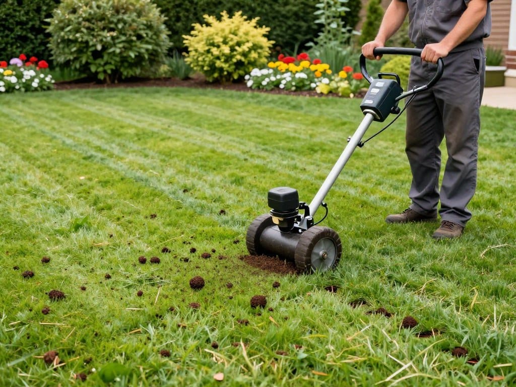 A professional core aeration process in action, showcasing a landscape maintenance technician operating a lawn aerator on a vibrant green lawn. In the foreground, the technician, dressed in modest casual work attire, is carefully guiding the machine, which is releasing core plugs of soil onto the surface. The middle ground presents neatly arranged rows of aeration holes dotting the healthy grass, with scattered soil plugs lying on top of the turf. In the background, a well-maintained residential garden is visible, with lush shrubbery and colorful flowers enhancing the scene. The lighting is bright and natural, creating a clear and inviting atmosphere, while the angle captures a slightly elevated view to highlight the effectiveness of the aeration process. Overall, the image conveys professionalism, care, and the importance of lawn maintenance. A professional core aeration process in action, showcasing a landscape maintenance technician operating a lawn aerator on a vibrant green lawn. In the foreground, the technician, dressed in modest casual work attire, is carefully guiding the machine, which is releasing core plugs of soil onto the surface. The middle ground presents neatly arranged rows of aeration holes dotting the healthy grass, with scattered soil plugs lying on top of the turf. In the background, a well-maintained residential garden is visible, with lush shrubbery and colorful flowers enhancing the scene. The lighting is bright and natural, creating a clear and inviting atmosphere, while the angle captures a slightly elevated view to highlight the effectiveness of the aeration process. Overall, the image conveys professionalism, care, and the importance of lawn maintenance.