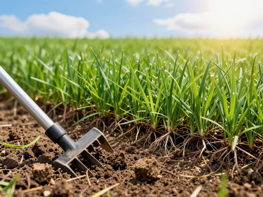 A vibrant, lush green lawn showcasing healthy grass roots thriving after aeration. In the foreground, a close-up view of aeration tools, like a core aerator, with freshly removed soil cores scattered around. In the middle ground, a landscape of the rejuvenated grass, vivid and healthy, showcasing deep root systems visibly penetrating the soil. In the background, a bright blue sky with soft clouds filters warm sunlight across the scene, creating a serene and revitalizing atmosphere. The image captures the essence of growth and renewal, emphasizing the importance of aeration in lawn care, with strong contrasts between the rich green grass and the earthy browns of the soil. A vibrant, lush green lawn showcasing healthy grass roots thriving after aeration. In the foreground, a close-up view of aeration tools, like a core aerator, with freshly removed soil cores scattered around. In the middle ground, a landscape of the rejuvenated grass, vivid and healthy, showcasing deep root systems visibly penetrating the soil. In the background, a bright blue sky with soft clouds filters warm sunlight across the scene, creating a serene and revitalizing atmosphere. The image captures the essence of growth and renewal, emphasizing the importance of aeration in lawn care, with strong contrasts between the rich green grass and the earthy browns of the soil.
