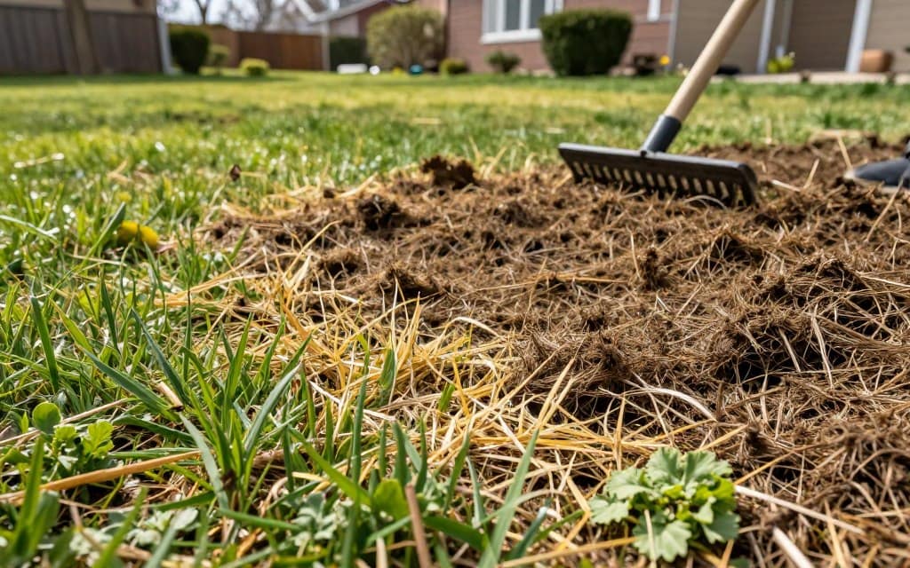 A close-up view of a patchy lawn showing clear signs of thatch buildup, featuring areas with brown, wilted grass mixed with lush, green patches. In the foreground, highlight an assortment of dry yellow grass blades and small clusters of weeds. The middle ground should include a section being dethatched with a rake, showcasing piles of thatch and debris. In the background, a sunny suburban garden can be seen, evoking a seasonal atmosphere of early spring. Use soft, natural lighting to create a warm and inviting feel, with a slight depth of field effect emphasizing the lawn care action in progress. The overall mood should be informative and encouraging, aiming to connect viewers with the importance of lawn maintenance. A close-up view of a patchy lawn showing clear signs of thatch buildup, featuring areas with brown, wilted grass mixed with lush, green patches. In the foreground, highlight an assortment of dry yellow grass blades and small clusters of weeds. The middle ground should include a section being dethatched with a rake, showcasing piles of thatch and debris. In the background, a sunny suburban garden can be seen, evoking a seasonal atmosphere of early spring. Use soft, natural lighting to create a warm and inviting feel, with a slight depth of field effect emphasizing the lawn care action in progress. The overall mood should be informative and encouraging, aiming to connect viewers with the importance of lawn maintenance.