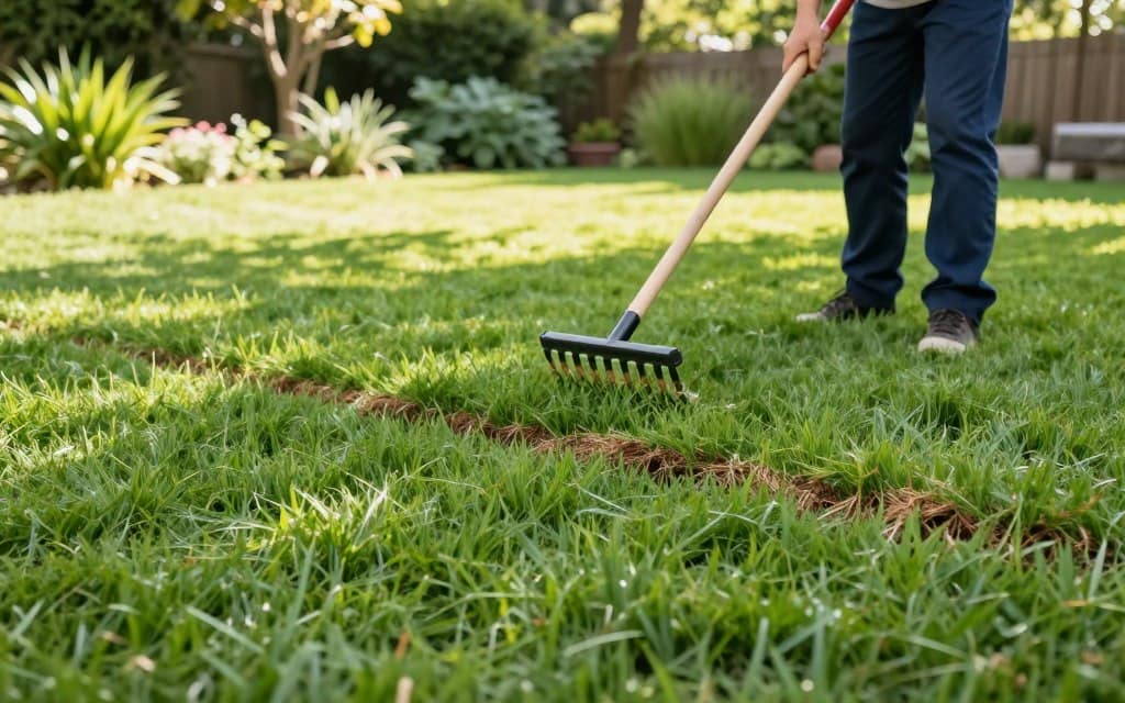 An educational scene depicting a lush, healthy lawn with some visible thatch layers, emphasizing the balance between healthy grass growth and thatch management. In the foreground, show a close-up of grass blades with a subtle layer of thatch underneath. In the middle ground, include a person in professional gardening attire using a dethatching rake, demonstrating proper lawn care techniques. The background features a well-maintained garden with vibrant green grass, sunlight filtering through trees, casting soft, dappled shadows on the ground. The mood is informative and serene, with a focus on nature and lawn health. Use bright, natural lighting for a clear and engaging visual. An educational scene depicting a lush, healthy lawn with some visible thatch layers, emphasizing the balance between healthy grass growth and thatch management. In the foreground, show a close-up of grass blades with a subtle layer of thatch underneath. In the middle ground, include a person in professional gardening attire using a dethatching rake, demonstrating proper lawn care techniques. The background features a well-maintained garden with vibrant green grass, sunlight filtering through trees, casting soft, dappled shadows on the ground. The mood is informative and serene, with a focus on nature and lawn health. Use bright, natural lighting for a clear and engaging visual.
