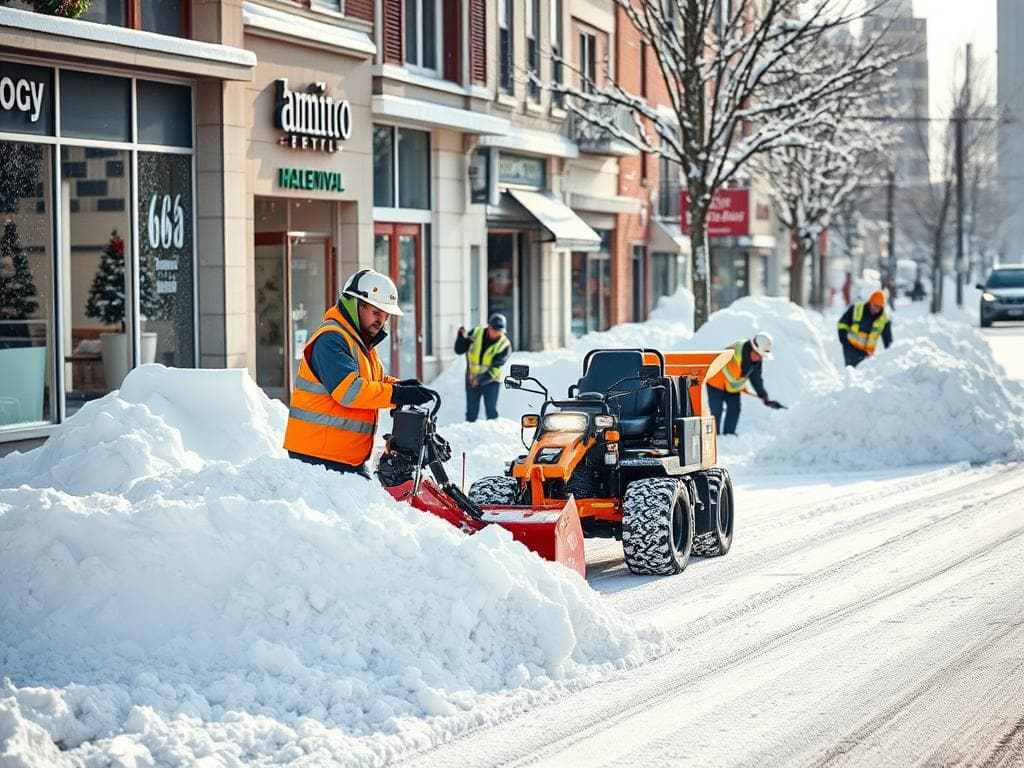 A commercial snow removal service in action on a snowy urban street. In the foreground, a professional snow removal worker, dressed in bright safety gear, operates a powerful snow plow, diligently clearing a large area in front of a business. In the middle ground, other team members shovel snow and stack it neatly on the side, showcasing teamwork and efficiency. The background features a row of businesses, their storefronts adorned with winter decorations, partially hidden by the fresh snow. Soft, diffused daylight casts a crisp and bright atmosphere, highlighting the winter landscape. The scene conveys a sense of professionalism, readiness, and community support, with a focus on effective planning and execution of snow removal services. A commercial snow removal service in action on a snowy urban street. In the foreground, a professional snow removal worker, dressed in bright safety gear, operates a powerful snow plow, diligently clearing a large area in front of a business. In the middle ground, other team members shovel snow and stack it neatly on the side, showcasing teamwork and efficiency. The background features a row of businesses, their storefronts adorned with winter decorations, partially hidden by the fresh snow. Soft, diffused daylight casts a crisp and bright atmosphere, highlighting the winter landscape. The scene conveys a sense of professionalism, readiness, and community support, with a focus on effective planning and execution of snow removal services.