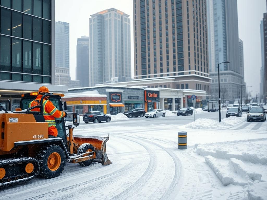 A snow removal service in action in an urban business district. In the foreground, a professional snow plow operator, dressed in a bright orange jacket and safety gear, operates a large snow plow clearing a pathway in front of a modern office building. In the middle ground, various commercial properties are visible, with their snow-covered sidewalks and parking lots gradually being cleared. Snowflakes gently falling create a wintry atmosphere, while dim morning light casts soft shadows. In the background, tall office buildings loom, showcasing a bustling city scene. The mood is industrious and efficient, emphasizing the importance of commercial snow removal services for maintaining accessibility during winter months. A snow removal service in action in an urban business district. In the foreground, a professional snow plow operator, dressed in a bright orange jacket and safety gear, operates a large snow plow clearing a pathway in front of a modern office building. In the middle ground, various commercial properties are visible, with their snow-covered sidewalks and parking lots gradually being cleared. Snowflakes gently falling create a wintry atmosphere, while dim morning light casts soft shadows. In the background, tall office buildings loom, showcasing a bustling city scene. The mood is industrious and efficient, emphasizing the importance of commercial snow removal services for maintaining accessibility during winter months.
